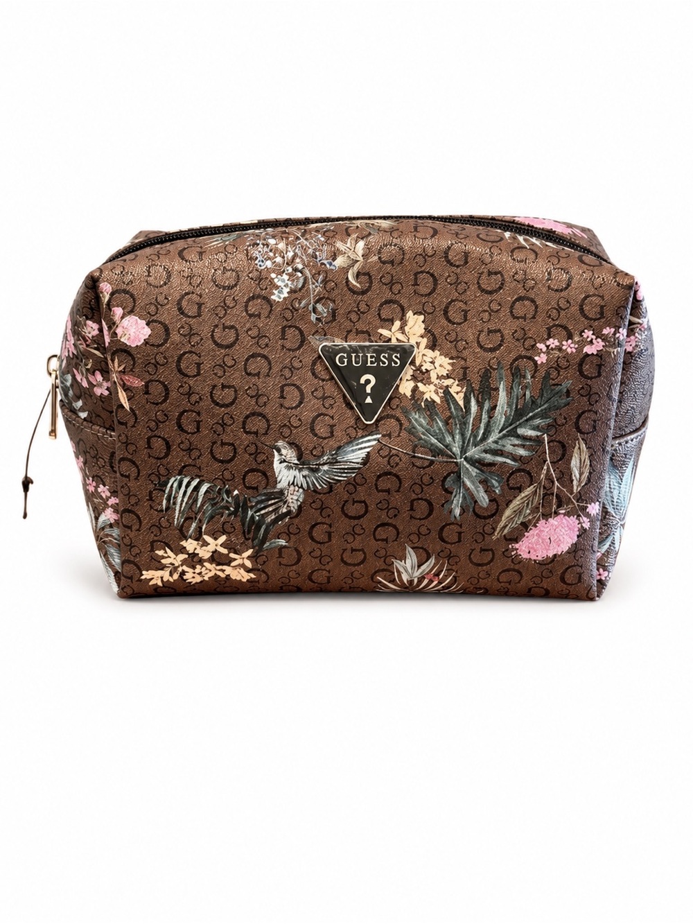 GUESS Brown Floral Logo Travel Makeup Bag